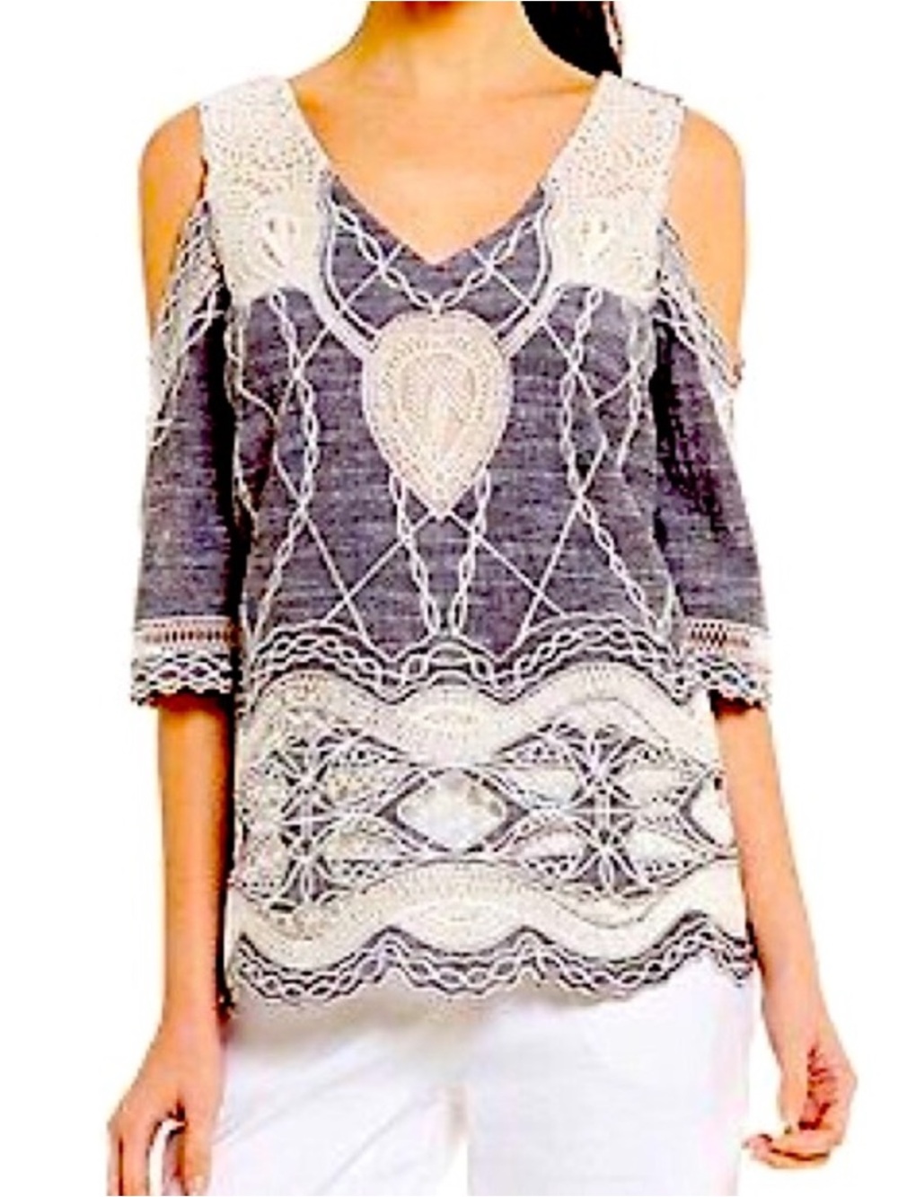 ANTONIO MELANI Gray Cold-Shoulder Embroidered Lace-Trim Blouse Medium